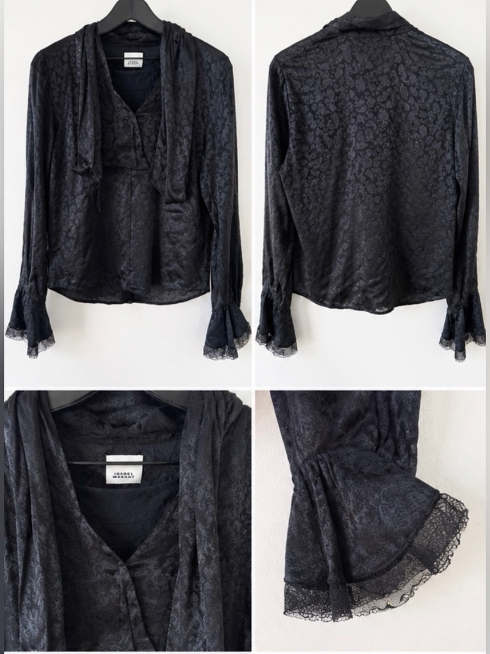 Isabel Marant Black Lace-Trim Tie-Neck Blouse